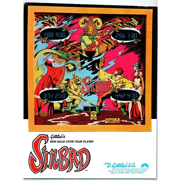 1977 Gottlieb Sinbad Pinball Machine Flyer Four Player Vintage Ephemera - Picture 2 of 2